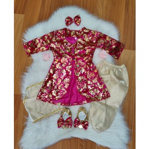 Fuşya pullu simli kadife bebek kaftanı