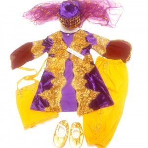 Mor kadife altın sarısı gupürlü bebek kaftan takımı