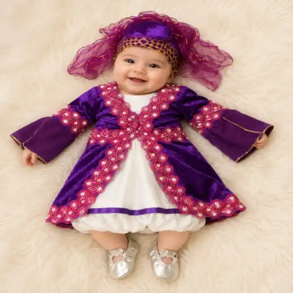 Mor kadife bebek kaftan takımı