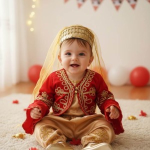 Kız Bebek Kırmızı Narçiçeği Bindallı Seti - 6 Ay Kınası ve Özel Gün Kaftan Takımı