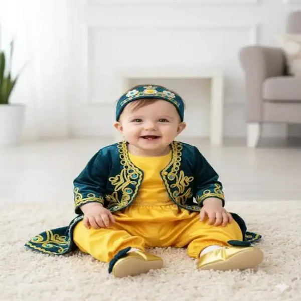 Mavi kadife bebek kaftan takımı