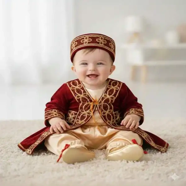 Gupürlü mürdüm kadife bebek kaftan takımı