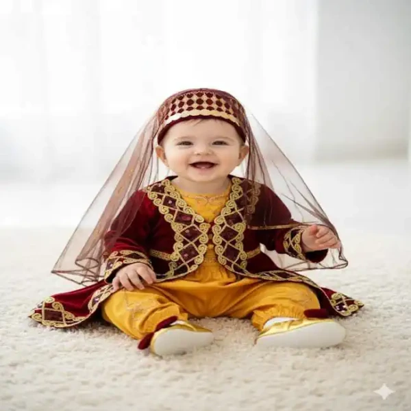 Bordo kadife bebek kaftan takımı