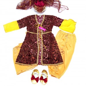 Bordo tül üzerine kadife desenli bebek kaftan takımı