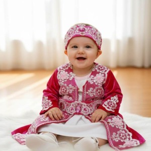Lüks Fuşya kadife  Bebek Bindallı Seti - 6 Parça Tam Set