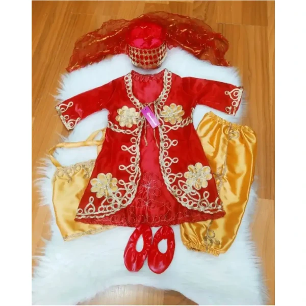 Kırmızı çiçekli bebek bindallı kaftan takımı