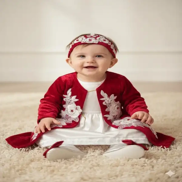 Bordo çiçekli kadife bebek kaftan takımı