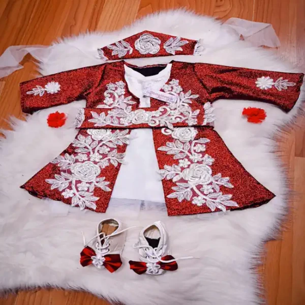 Gümüş Gupürlü Kırmızı Bebek Kaftan Seti