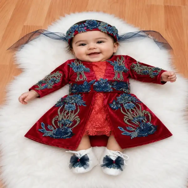 Kırmızı kadife bebek bindallı kaftan