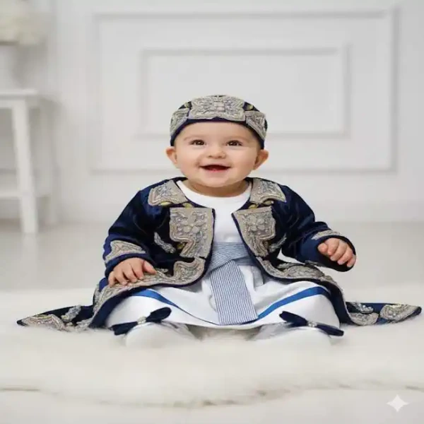 Lacivert kadife bebek kaftan takımı