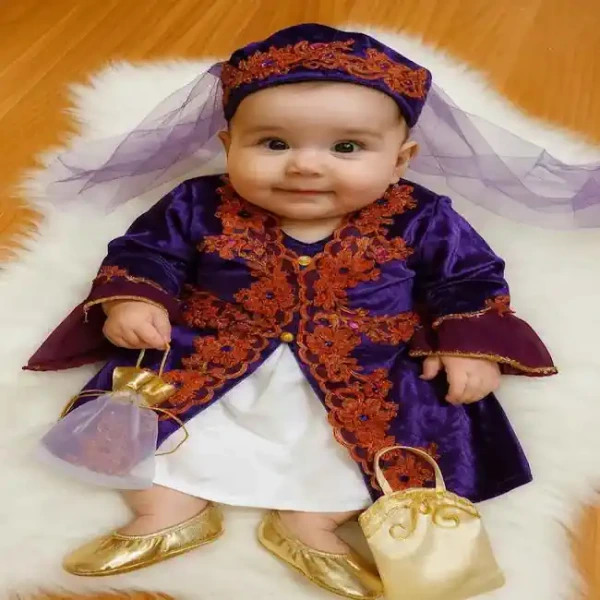 Mor parlak kumaş bebek bindallı takımı+kına eldivenleri